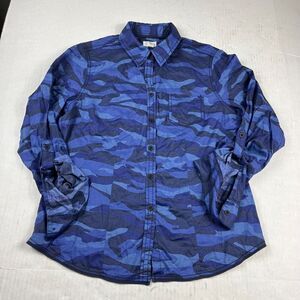 Foxcroft Button Down Shirt Blue Camouflage Long Sleeve Cotton Work Top Size 10P